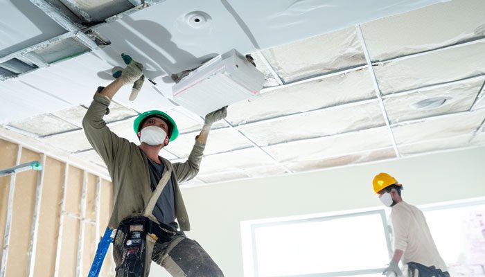 Finishing ceiling drywall installation with mudding and taping